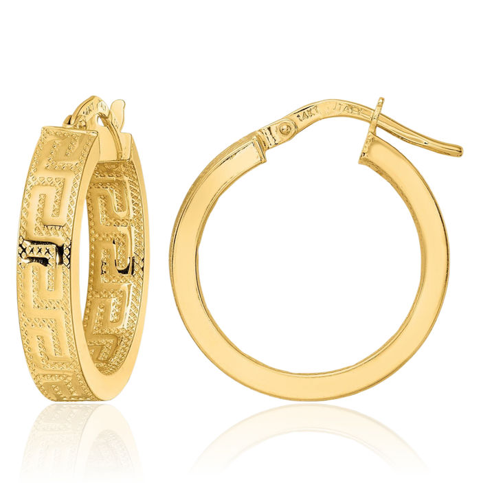 14K Solid Yellow Gold Round Greek Key Medium Hoop Earrings