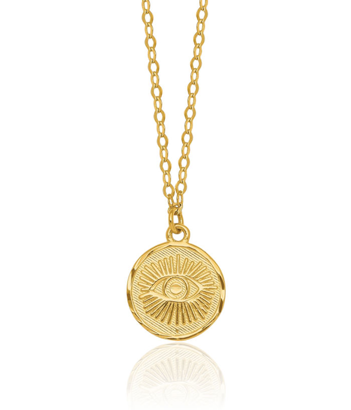 14K Solid Yellow Gold Circle Round Hamsa Hand of Fatima Evil Eye Protection Good Luck Necklace Chain
