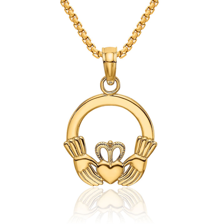 14K Solid Yellow Gold Round Heart Irish Claddagh Necklace Celtic Charm Pendant Jewelry