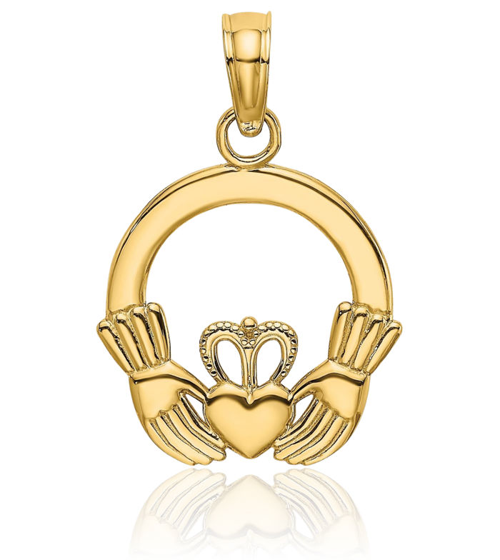 14K Solid Yellow Gold Round Heart Irish Claddagh Necklace Celtic Charm Pendant Jewelry
