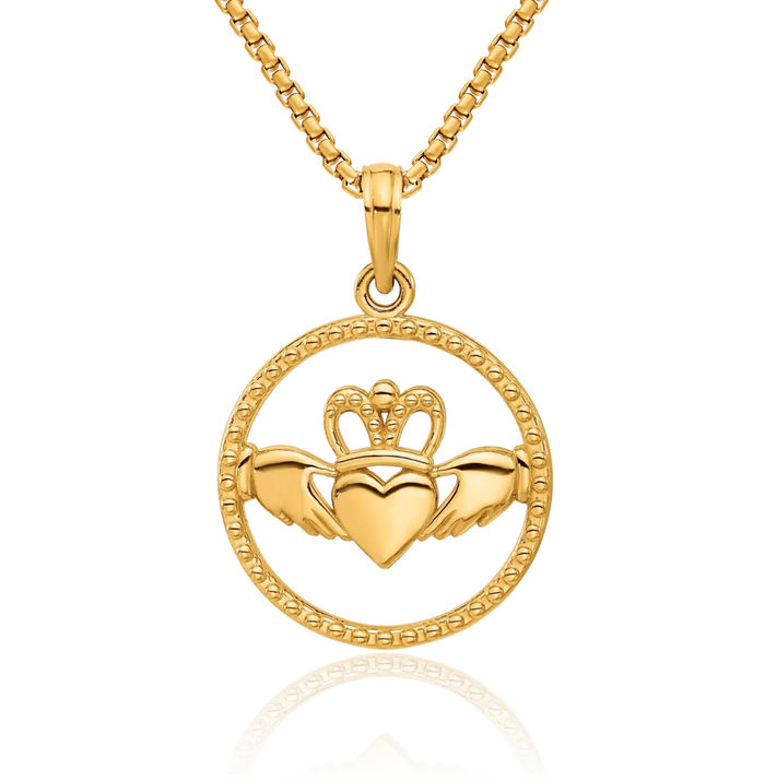 14K Solid Yellow Gold Circle Round Heart Irish Claddagh Necklace Celtic Charm Pendant Jewelry