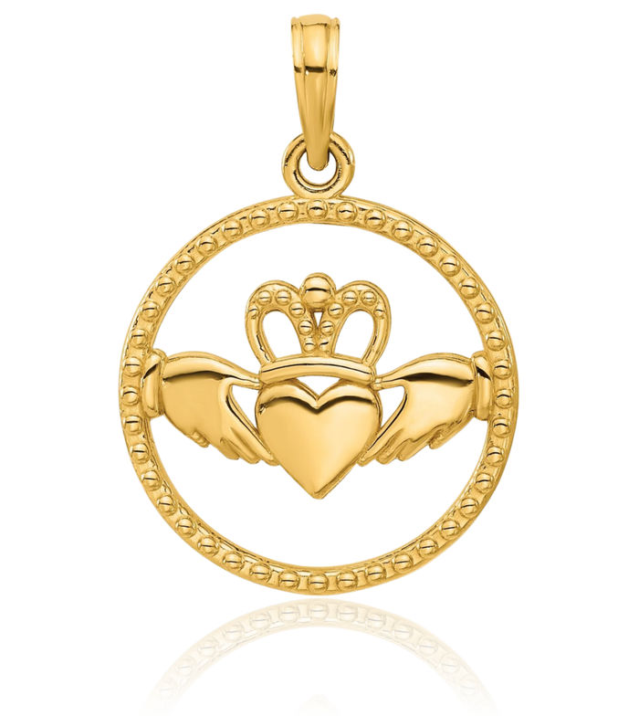 14K Solid Yellow Gold Circle Round Heart Irish Claddagh Necklace Celtic Charm Pendant Jewelry