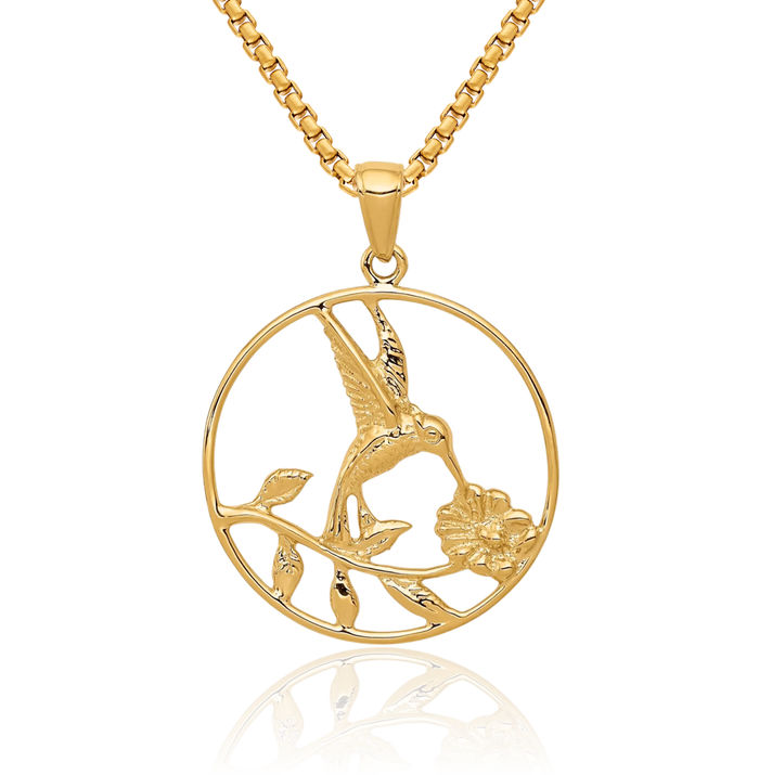 14K Solid Yellow Gold Hummingbird Round Necklace Bird Pendant Charm