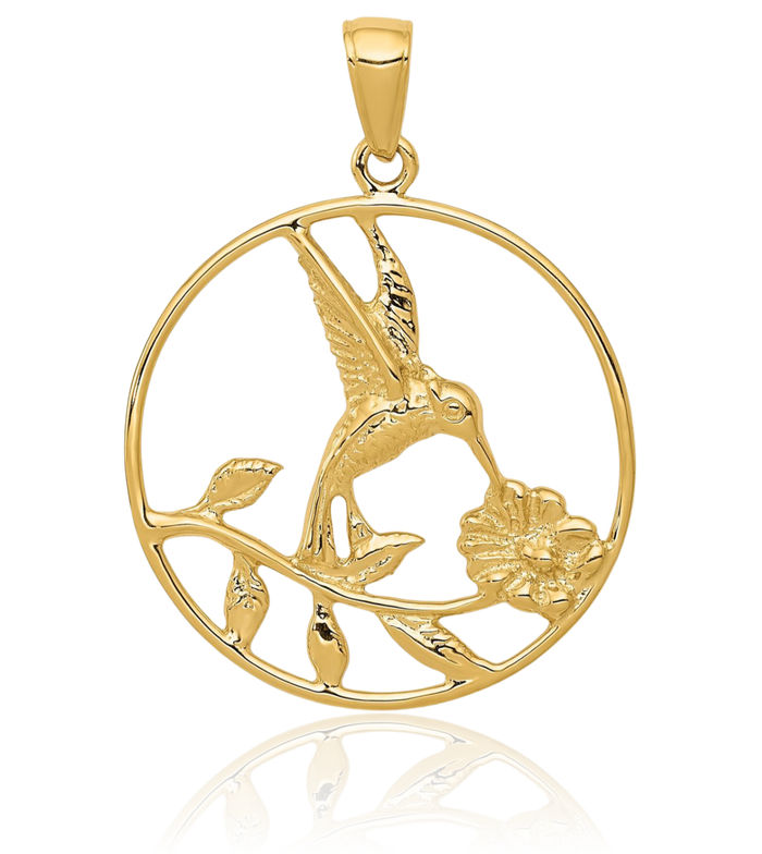 14K Solid Yellow Gold Hummingbird Round Necklace Bird Pendant Charm