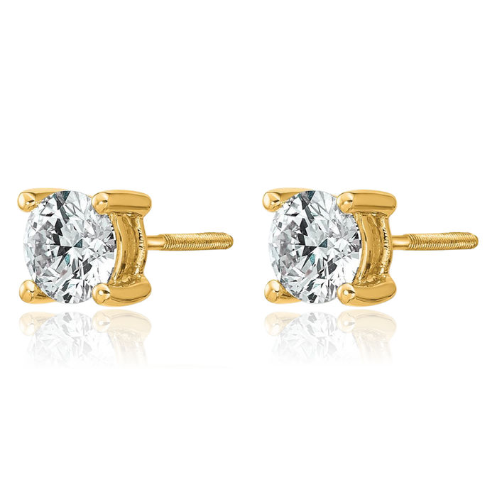 14K Solid Yellow Gold Round Lab Diamond Screw Back Stud Earrings