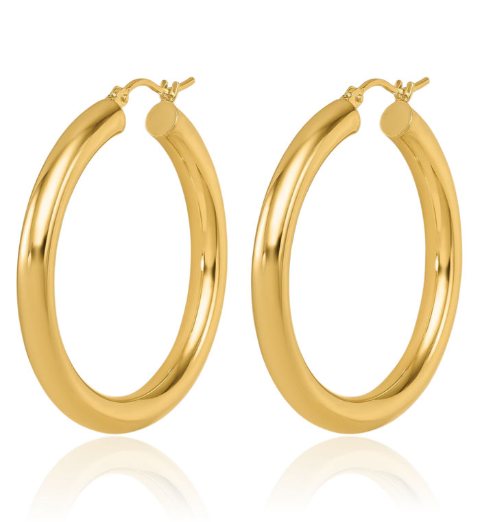 14K Solid Yellow Gold Round Medium Hoop Earrings