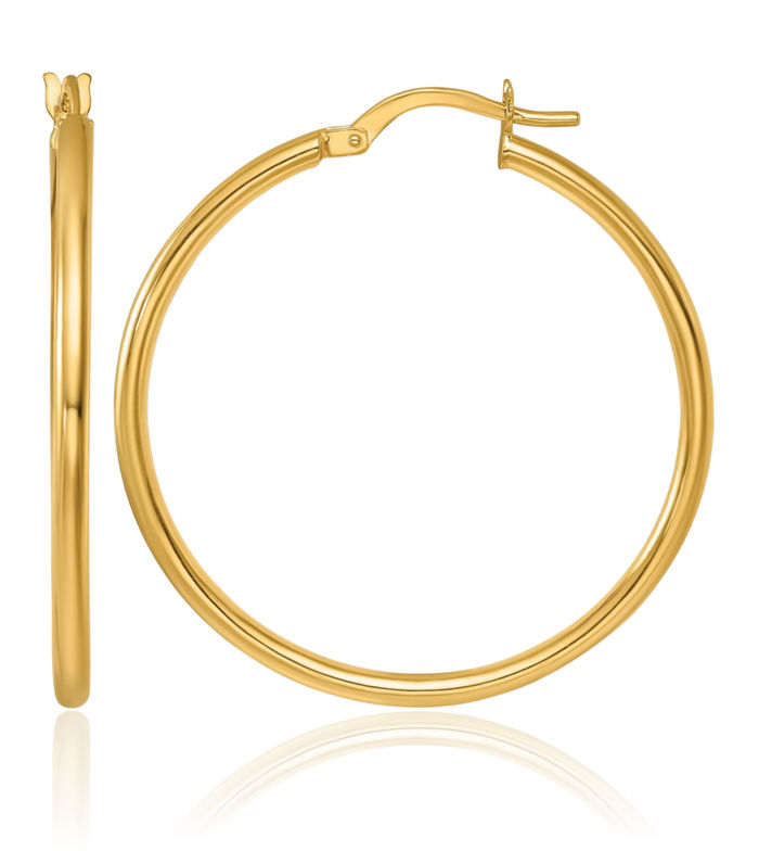 14K Solid Yellow Gold Round Tube Medium Hoop Earrings