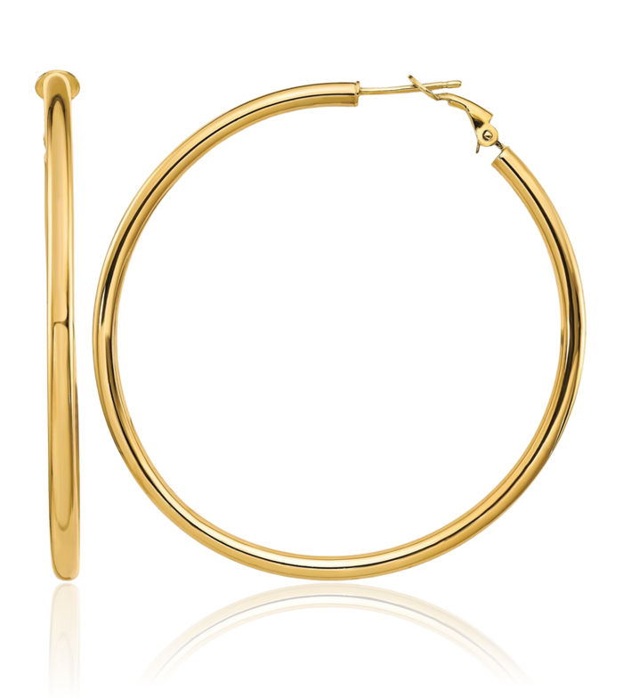 14K Solid Yellow Gold Round Omega Clip Back Post Large Hoop Earrings