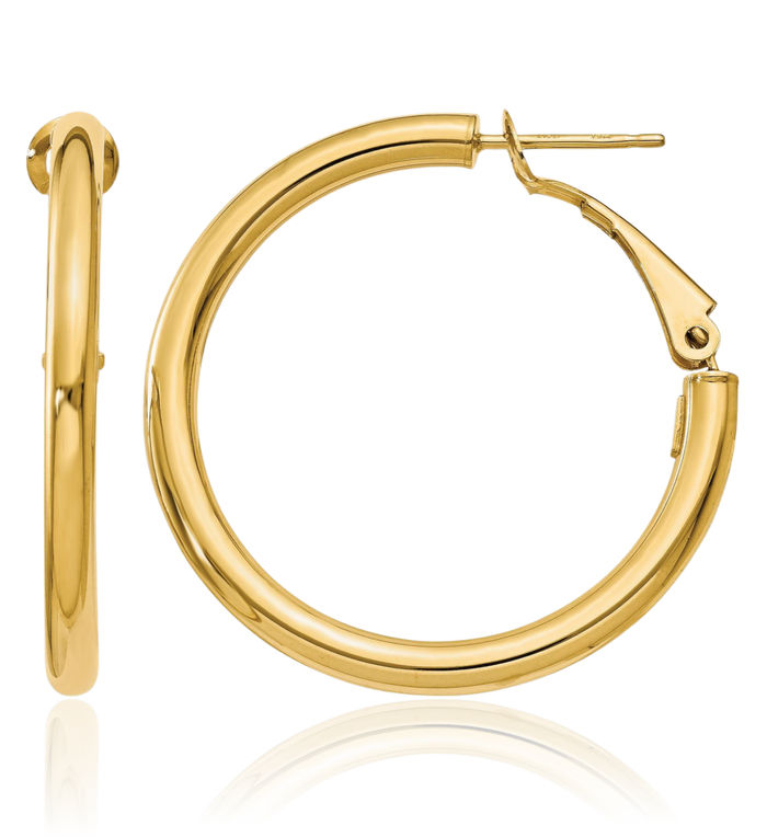 14K Solid Yellow Gold Round Omega Clip Back Post Medium Hoop Earrings