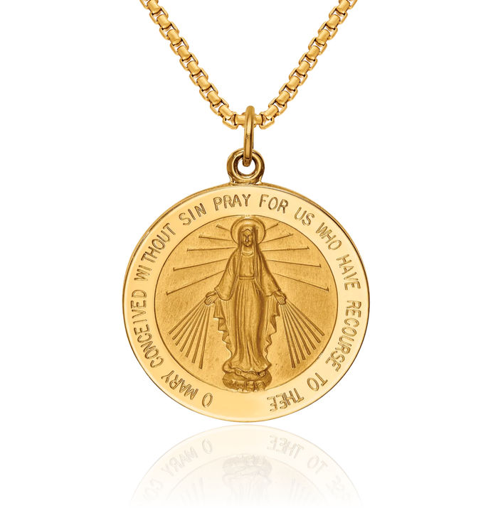 14K Solid Yellow Gold Round Our Lady of Miraculous Medal Blessed Virgin Mary Necklace Chain Pendant Charm