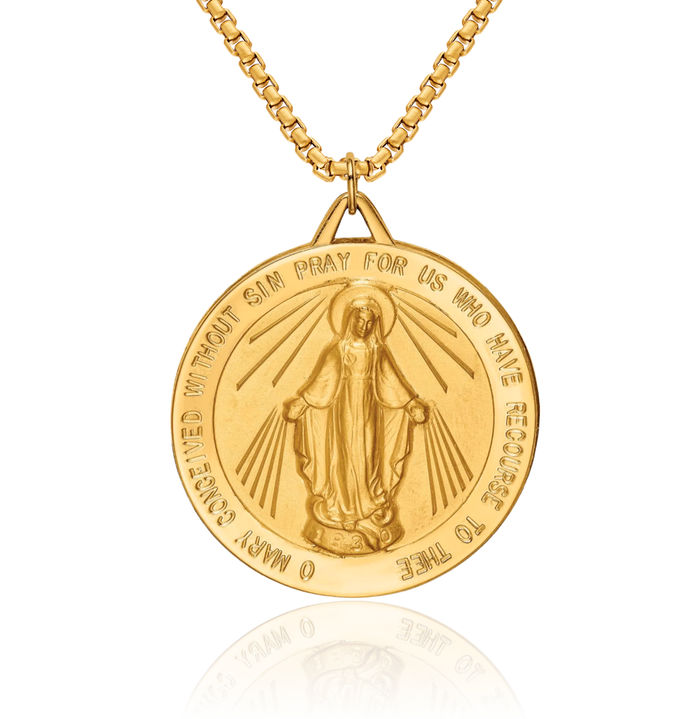 14K Solid Yellow Gold Round Our Lady of Miraculous Medal Blessed Virgin Mary Necklace Chain Pendant Charm