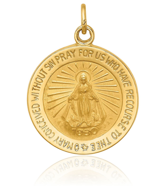 14K Solid Yellow Gold Round Our Lady of Miraculous Medal Blessed Virgin Mary Necklace Chain Pendant Charm