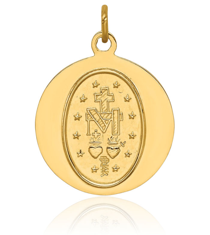 14K Solid Yellow Gold Round Our Lady of Miraculous Medal Blessed Virgin Mary Necklace Chain Pendant Charm