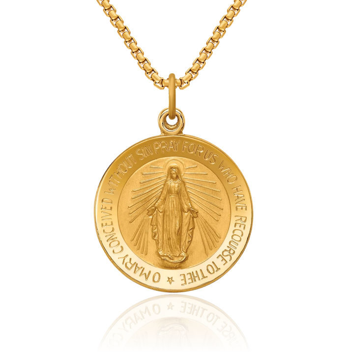 14K Solid Yellow Gold Round Our Lady of Miraculous Medal Blessed Virgin Mary Necklace Chain Pendant Charm