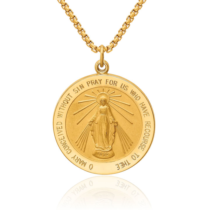 14K Solid Yellow Gold Round Our Lady of Miraculous Medal Blessed Virgin Mary Necklace Chain Pendant Charm