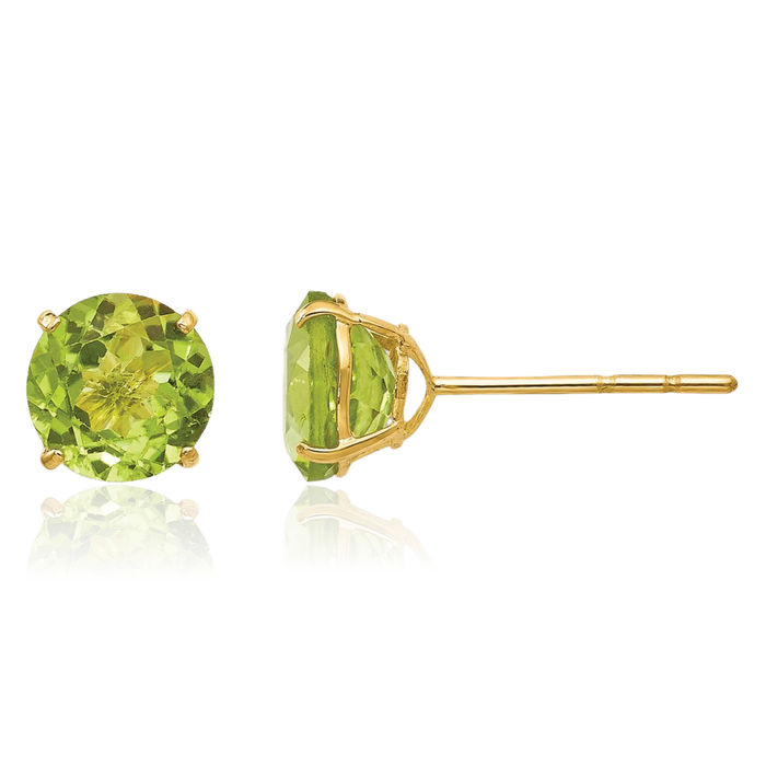 14K Solid Yellow Gold Round Green Peridot 6mm Stud Earrings