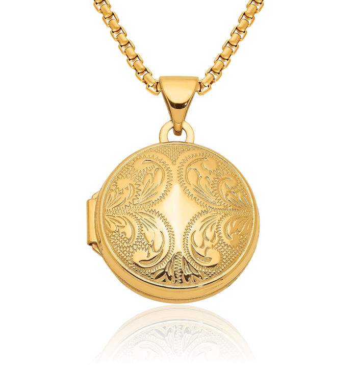 14K Solid Yellow Gold Round Personalized Photo Locket Necklace Picture Pendant Charm