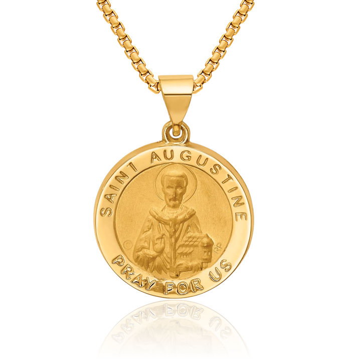 14K Solid Yellow Gold Round Saint Augustine Medal Necklace Chain Pendant Charm August Birthstone Jewelry