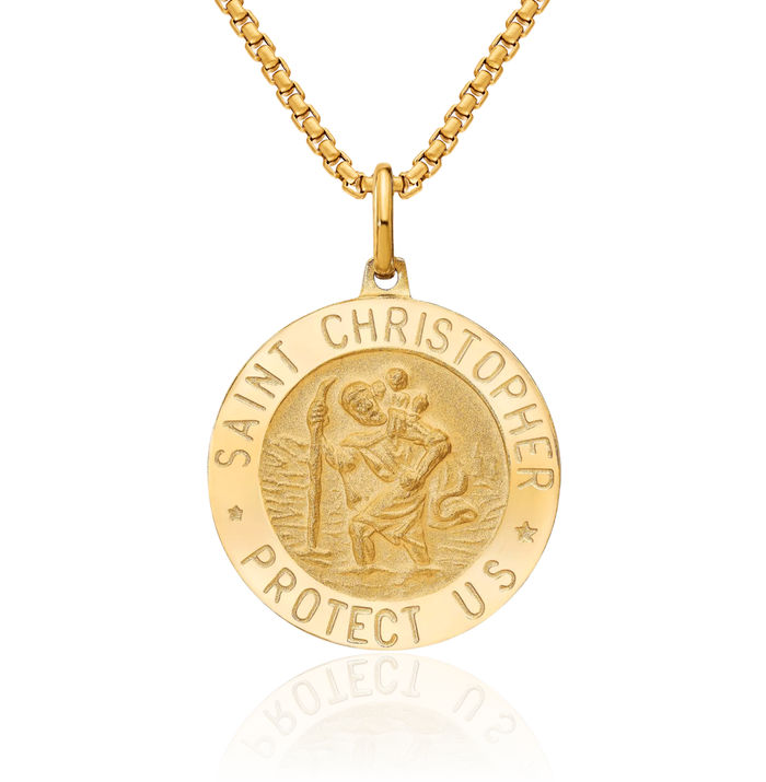 14K Solid Yellow Gold Round Saint Christopher Medal Patron of Travelers Athletes Protection Necklace Christian Religious Chain Pendant Faith Charm