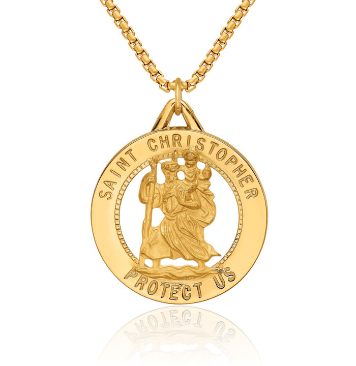 14K Solid Yellow Gold Round Saint Christopher Medal Patron of Travelers Athletes Protection Necklace Christian Religious Chain Pendant Faith Charm