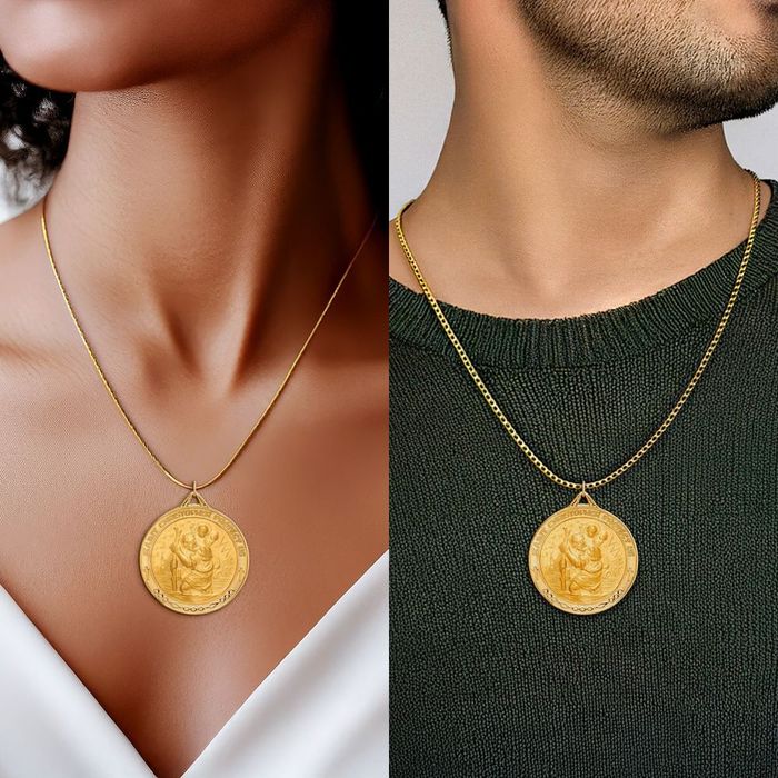 14K Solid Yellow Gold Round Saint Christopher Medal Patron of Travelers Athletes Protection Necklace Christian Religious Chain Pendant Faith Charm