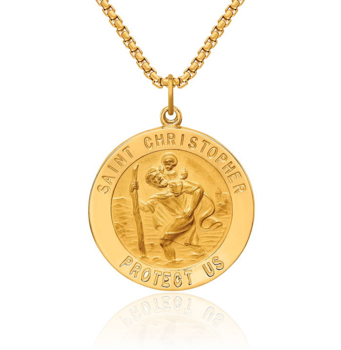 14K Solid Yellow Gold Round Saint Christopher Medal Patron of Travelers Athletes Protection Necklace Christian Religious Chain Pendant Faith Charm