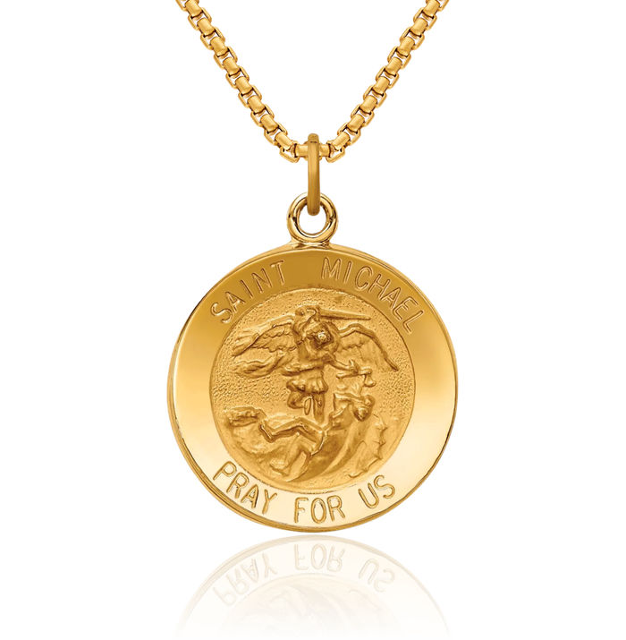 14K Solid Yellow Gold Round Saint Michael Medal Protects Us Patron Archangel Guardian Angel Wings Necklace Christian Religious Chain Pendant Faith Charm