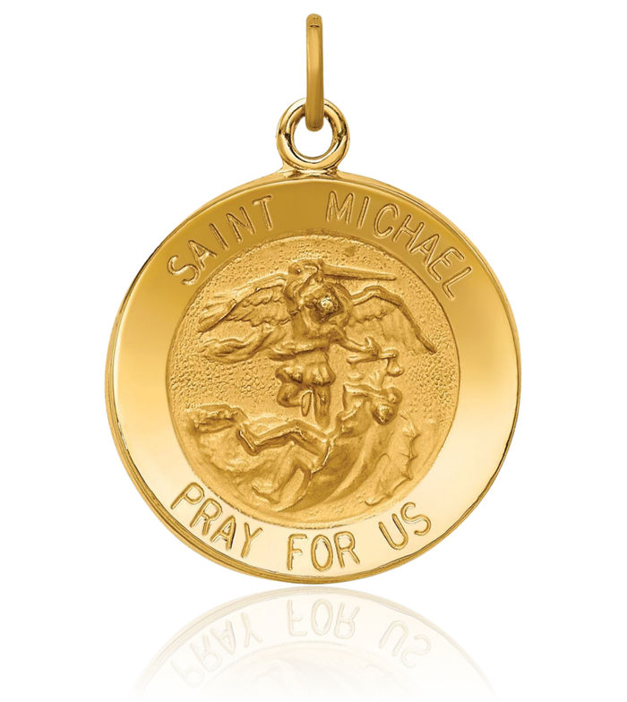 14K Solid Yellow Gold Round Saint Michael Medal Protects Us Patron Archangel Guardian Angel Wings Necklace Christian Religious Chain Pendant Faith Charm