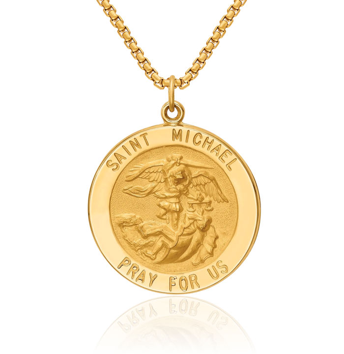 14K Solid Yellow Gold Round Saint Michael Medal Protects Us Patron Archangel Guardian Angel Wings Necklace Christian Religious Chain Pendant Faith Charm