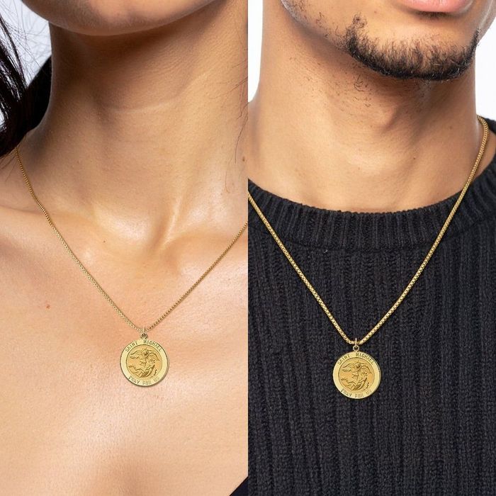 14K Solid Yellow Gold Round Saint Michael Medal Protects Us Patron Archangel Guardian Angel Wings Necklace Christian Religious Chain Pendant Faith Charm
