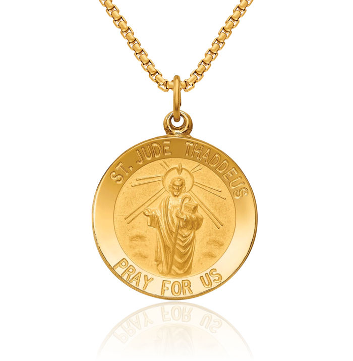 14K Solid Yellow Gold Round San Judas Tadeo St Jude Patron Saint Thaddeus Medal Necklace Chain Pendant Charm