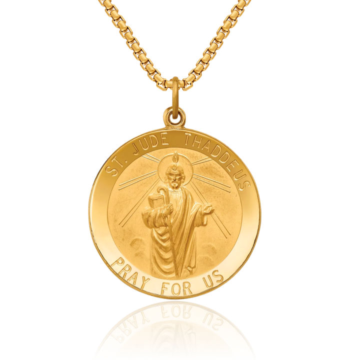 14K Solid Yellow Gold Round San Judas Tadeo St Jude Patron Saint Thaddeus Medal Necklace Chain Pendant Charm