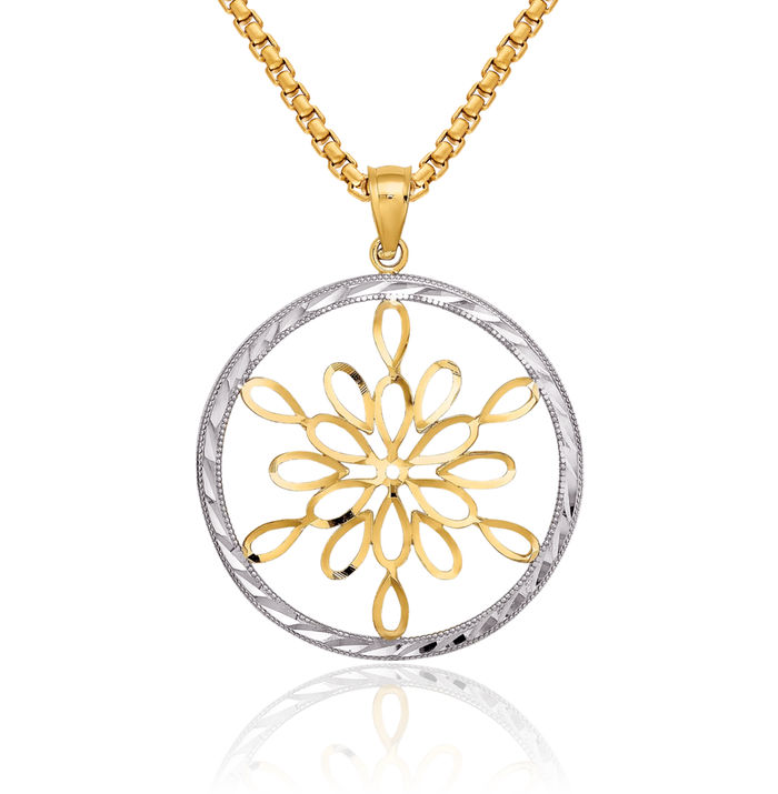 14K Solid Yellow Gold Circle Round Snowflake Necklace Chain Pendant Charm