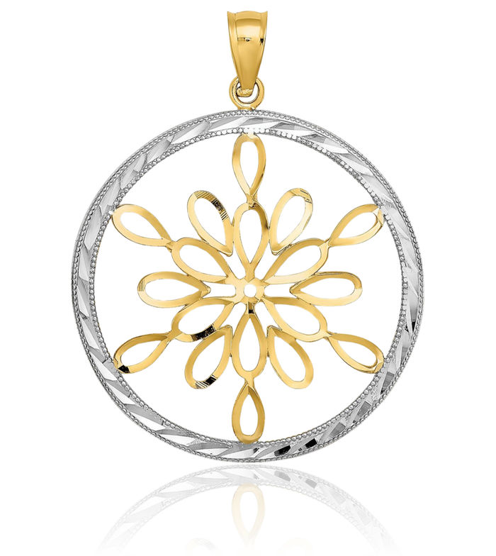 14K Solid Yellow Gold Circle Round Snowflake Necklace Chain Pendant Charm