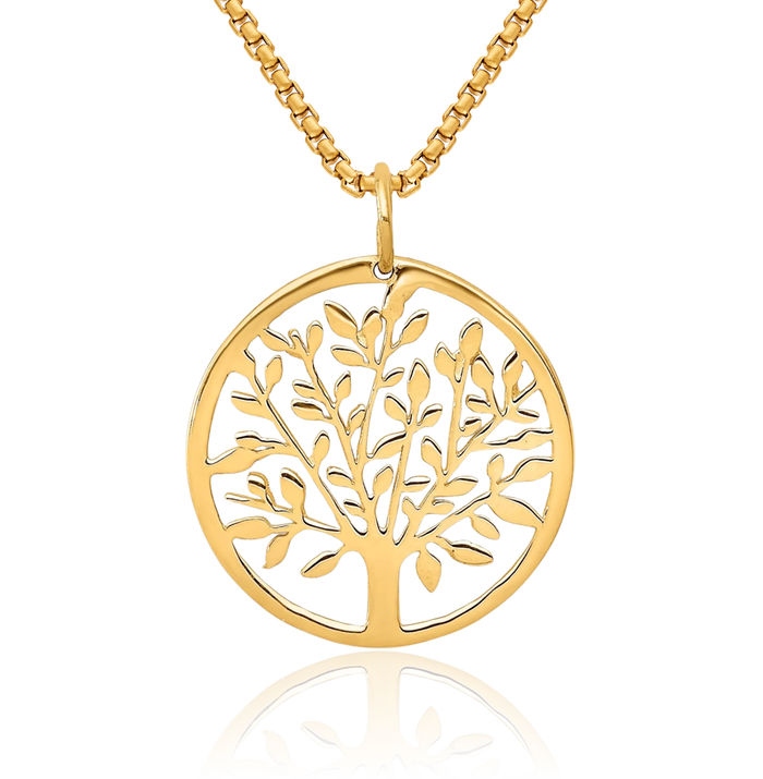 14K Solid Yellow Gold Round Tree of Life Necklace Chain Pendant Charm