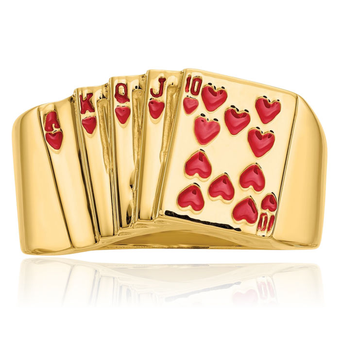 Men's 10k Yellow Gold Royal Flush Poker Ring - Lucky Nugget Band With Hearts Hand, Size 9.25, Handmade USA