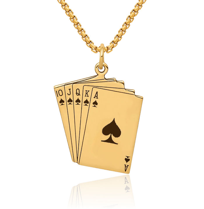 14K Solid Yellow Gold Royal Flush Poker Necklace Playing Cards Suit Pendant Gambling Deck Charm Good Luck Jewelry