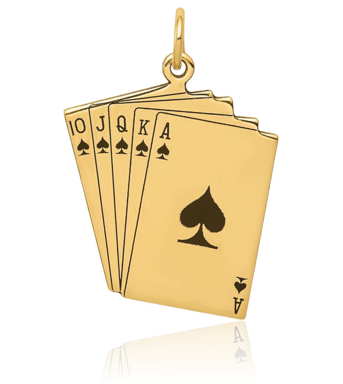 14K Solid Yellow Gold Royal Flush Poker Necklace Playing Cards Suit Pendant Gambling Deck Charm Good Luck Jewelry