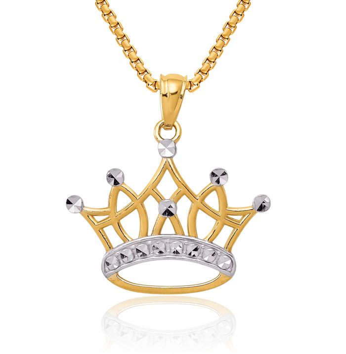 14K Solid Yellow Gold Royal Princess Crown Necklace Chain Pendant Charm