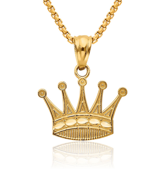 14K Solid Yellow Gold Royal Princess Crown Necklace Chain Pendant Charm