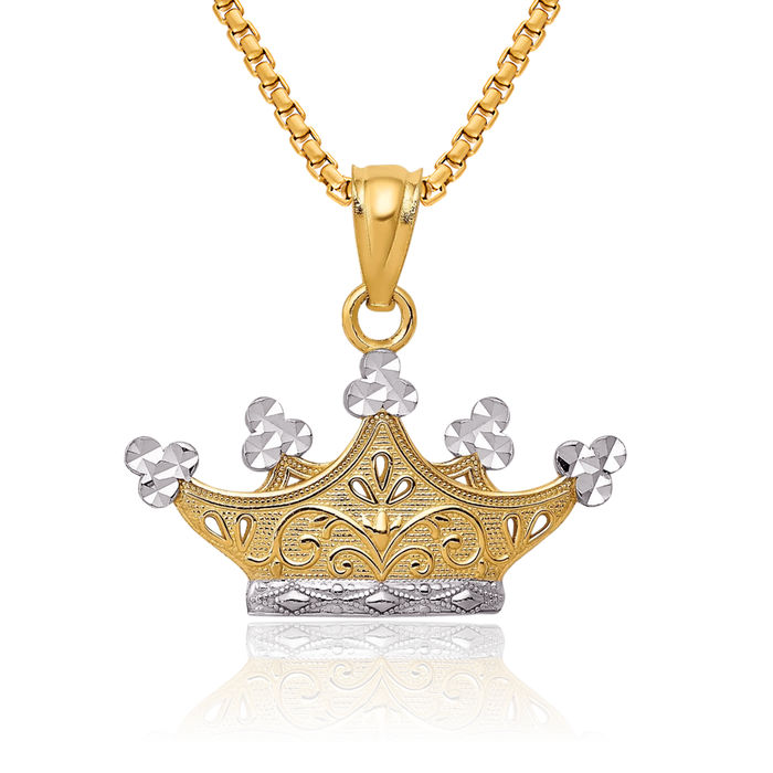 14K Solid Yellow Gold Royal Princess Crown Necklace Chain Pendant Charm
