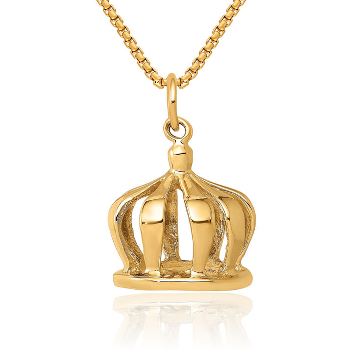 14K Solid Yellow Gold Royal Princess Crown Necklace Chain Pendant Charm