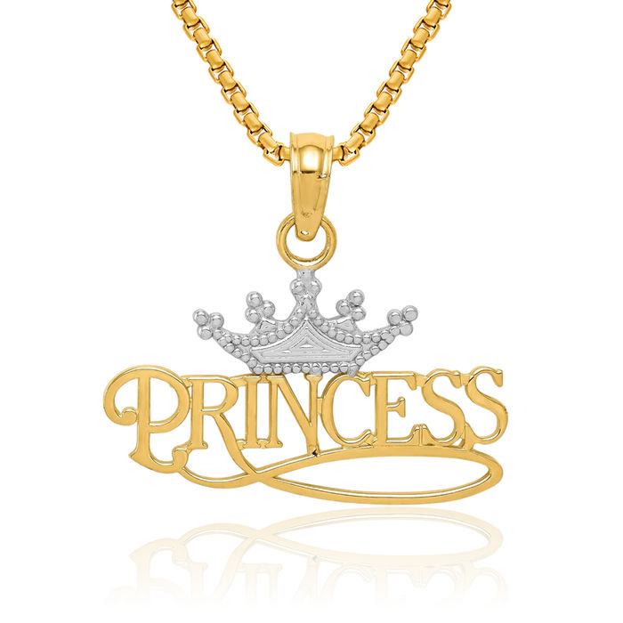 14K Solid Yellow Gold Royal Princess Crown Necklace Chain Pendant Charm