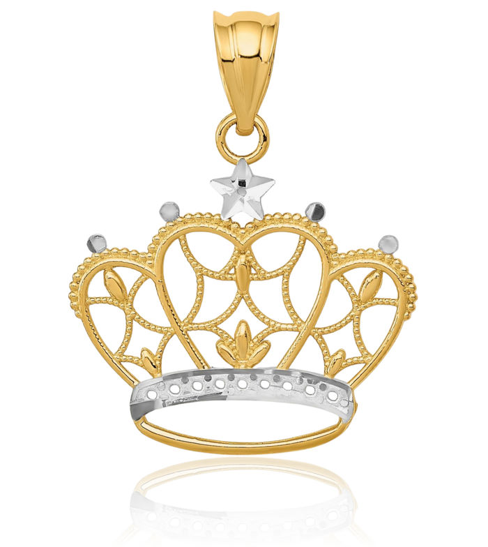 14K Solid Yellow Gold Royal Princess Crown Necklace Chain Pendant Charm