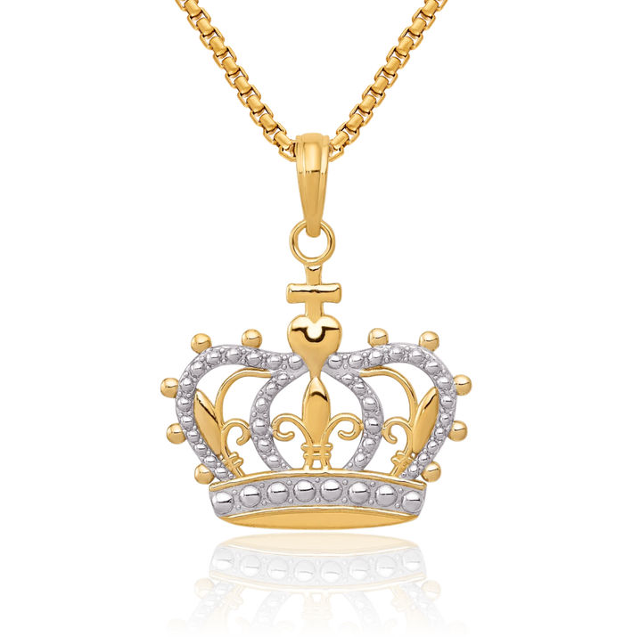 14K Solid Yellow Gold Royal Princess Crown Necklace Chain Pendant Charm