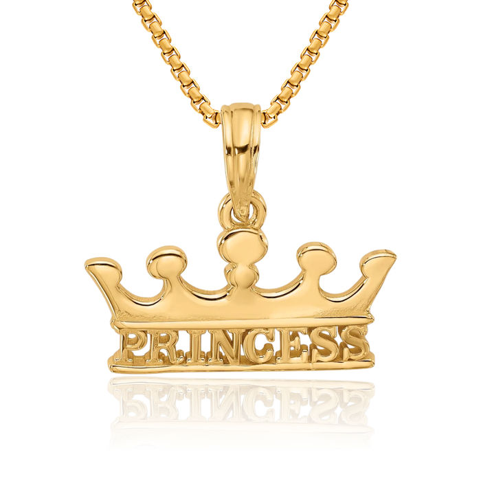 14K Solid Yellow Gold Royal Princess Crown Necklace Chain Pendant Charm