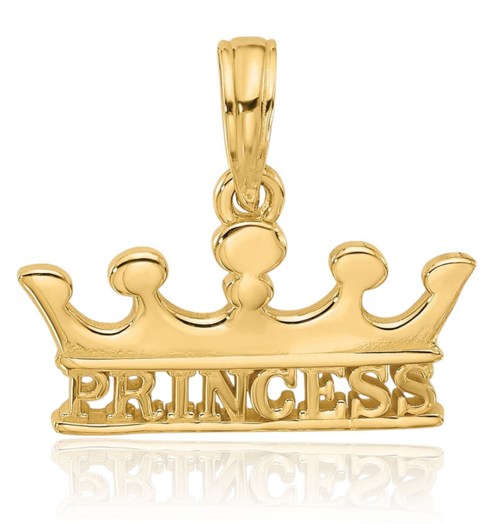 14K Solid Yellow Gold Royal Princess Crown Necklace Chain Pendant Charm