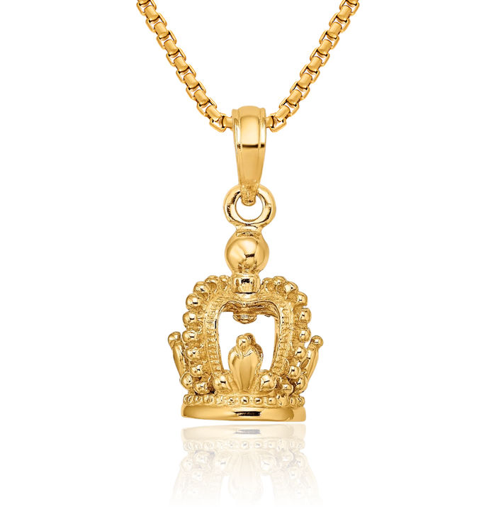 14K Solid Yellow Gold Royal Princess Crown Necklace Chain Pendant Charm