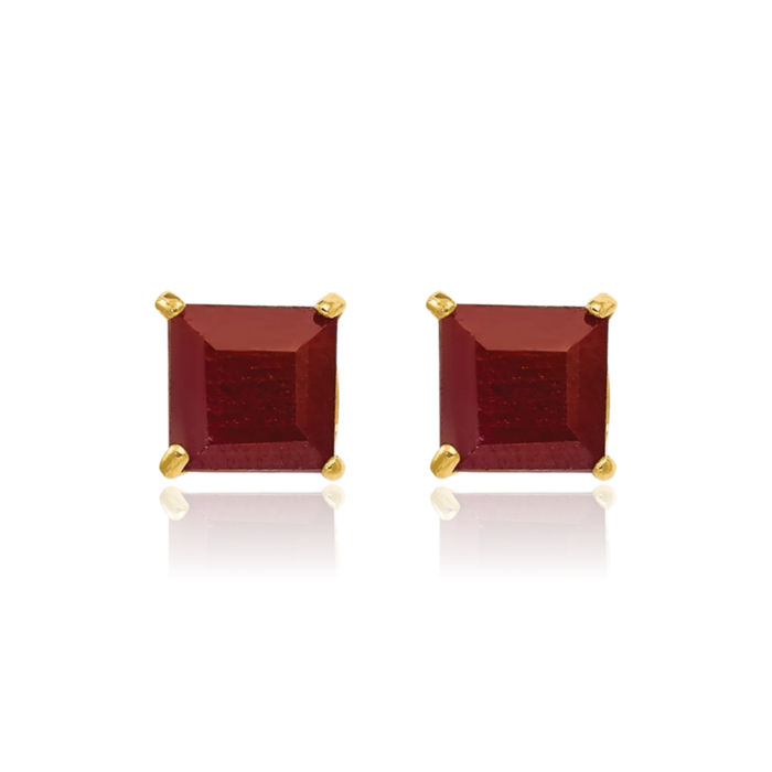 14K Solid Yellow Gold Red Ruby 5mm Square Stud Earrings