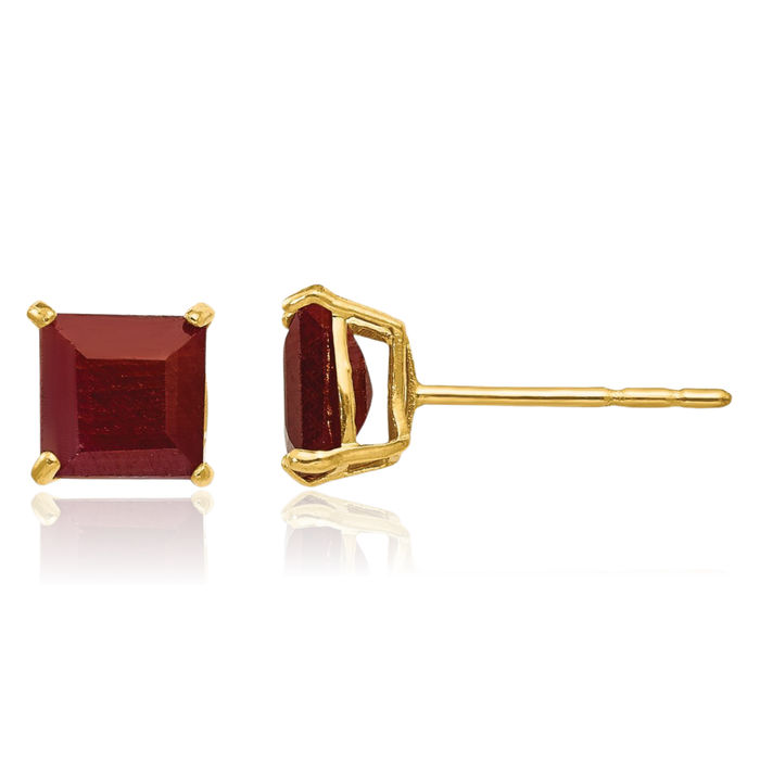 14K Solid Yellow Gold Red Ruby 5mm Square Stud Earrings